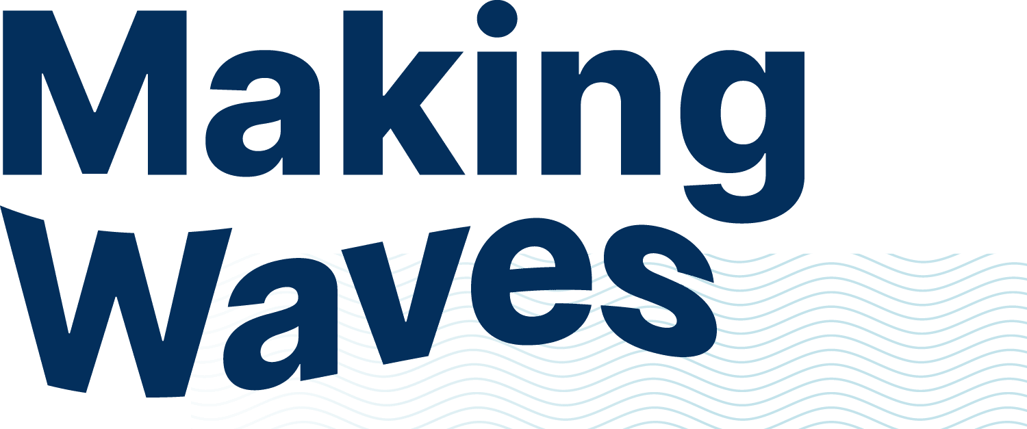 Making Waves logo – bold navy blue text with light blue ocean wave pattern design